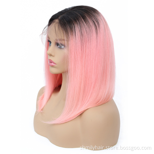 Shmily 1b-Pink Bob Silky Straight Unprocessed Virgin Human Hair Ombre Brazilian Cuticle Aligned Lace Frontal Human Hair Wig